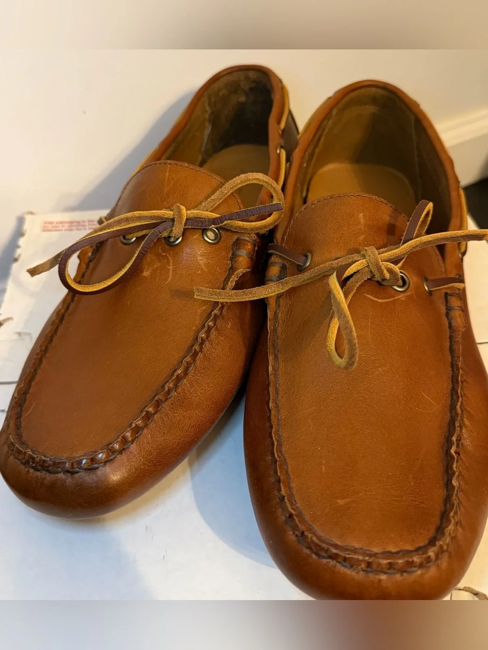 J. CREW Men’s Lace-Up Leather Driving Moccasin Shoes in Brown Tan Sz. 10 FLAW